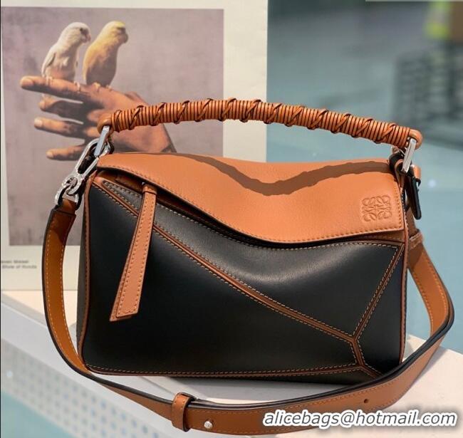 Hot Style Loewe Small Puzzle Bag In Nappa Calfskin Leather With Woven Handle 0925 Black/Brown 2025