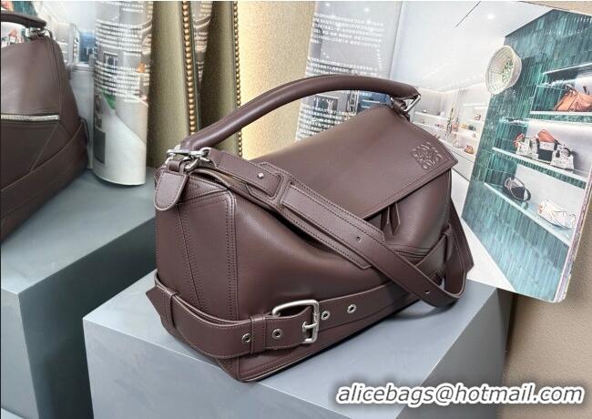 Original Cheap Loewe Large Puzzle Biker Bag In Shiny Calfskin 0925 Dark Chestnut Brown 2025