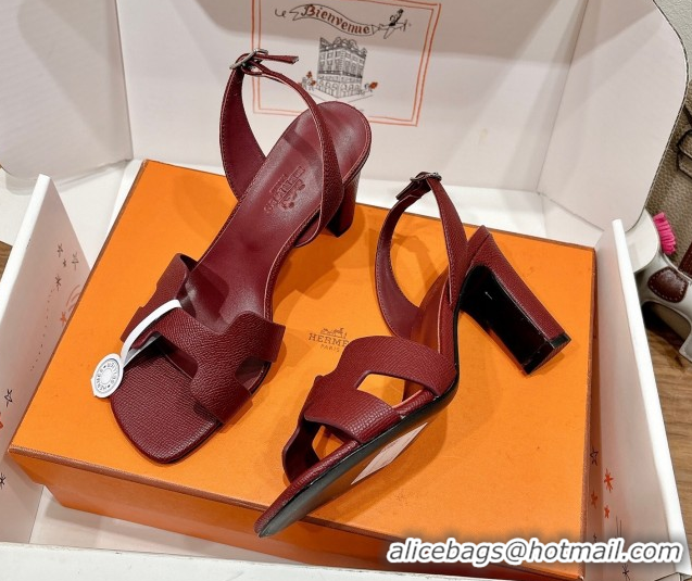 Sumptuous Hermes Eremite Heel Sandals 8cm in Grained Leather Dark Burgundy H02275 0820158