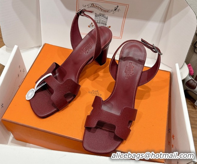 Sumptuous Hermes Eremite Heel Sandals 8cm in Grained Leather Dark Burgundy H02275 0820158