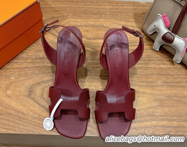 Sumptuous Hermes Eremite Heel Sandals 8cm in Grained Leather Dark Burgundy H02275 0820158