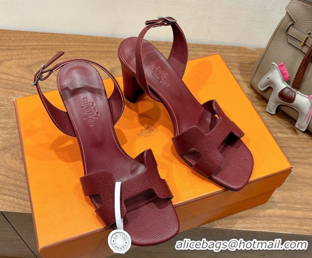 Sumptuous Hermes Eremite Heel Sandals 8cm in Grained Leather Dark Burgundy H02275 0820158