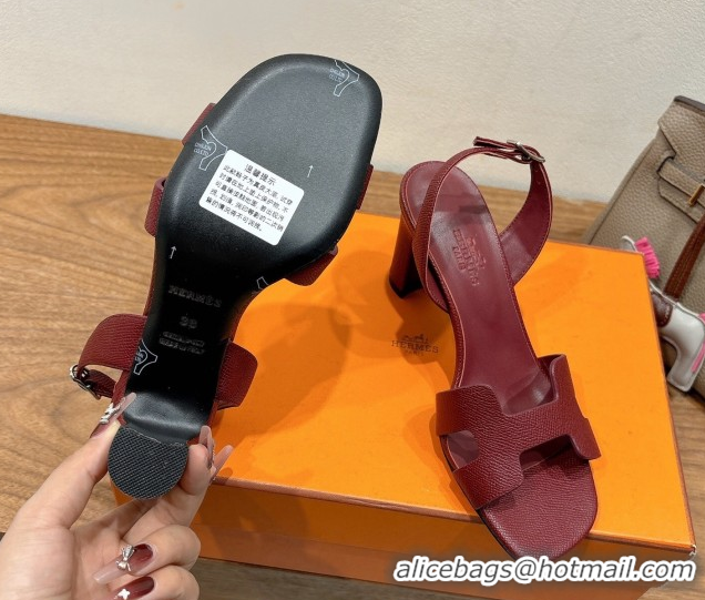 Sumptuous Hermes Eremite Heel Sandals 8cm in Grained Leather Dark Burgundy H02275 0820158
