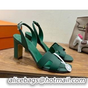 Luxurious Hermes Eremite Heel Sandals 8cm in Grained Leather Green2 H02275 0820161