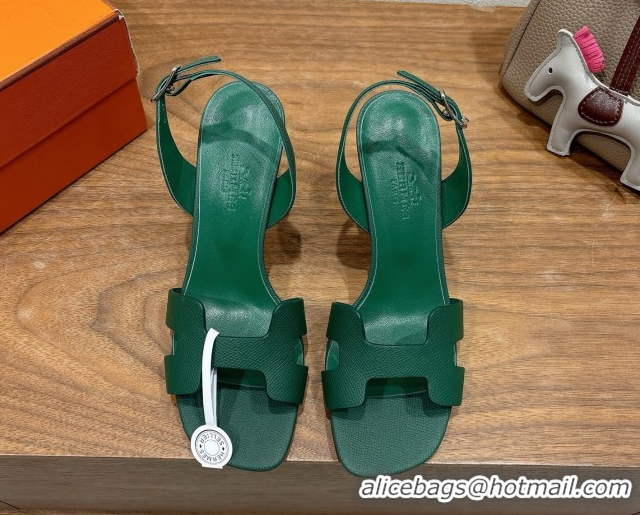 Luxurious Hermes Eremite Heel Sandals 8cm in Grained Leather Green2 H02275 0820161