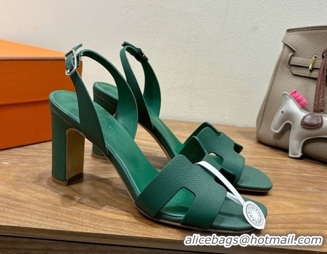 Luxurious Hermes Eremite Heel Sandals 8cm in Grained Leather Green2 H02275 0820161