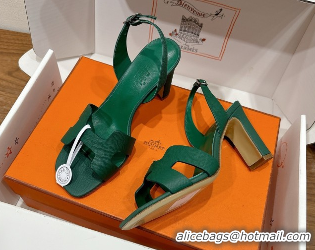 Luxurious Hermes Eremite Heel Sandals 8cm in Grained Leather Green2 H02275 0820161