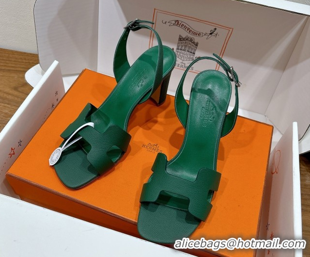 Luxurious Hermes Eremite Heel Sandals 8cm in Grained Leather Green2 H02275 0820161