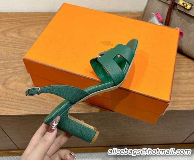 Luxurious Hermes Eremite Heel Sandals 8cm in Grained Leather Green2 H02275 0820161
