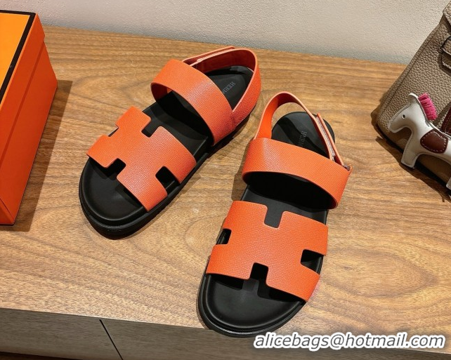 Top Grade Hermes Genius Strap Sandals in Grained Leather Orange 2025 H082011 0820164