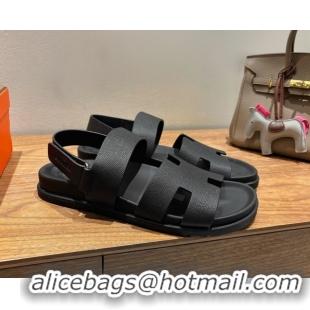 Luxury Hermes Genius Strap Sandals in Grained Leather Black H082011 0820165