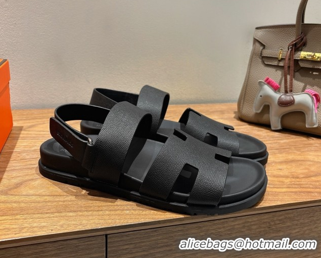 Luxury Hermes Genius Strap Sandals in Grained Leather Black H082011 0820165