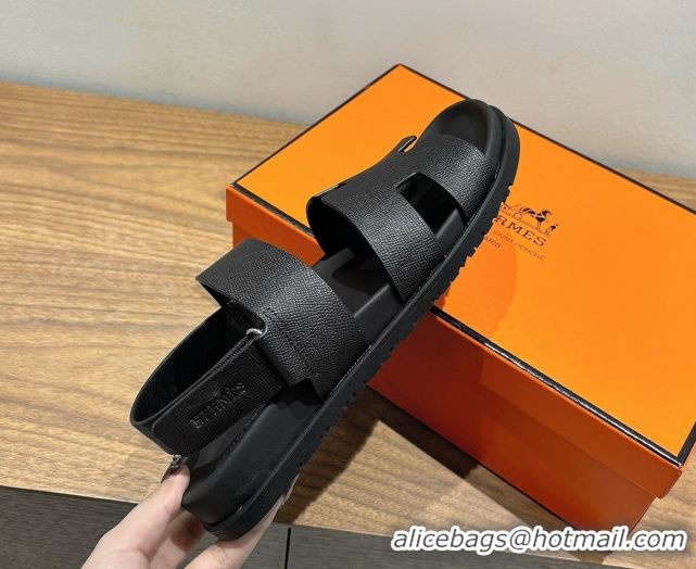 Luxury Hermes Genius Strap Sandals in Grained Leather Black H082011 0820165