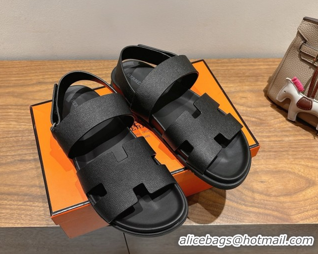 Luxury Hermes Genius Strap Sandals in Grained Leather Black H082011 0820165