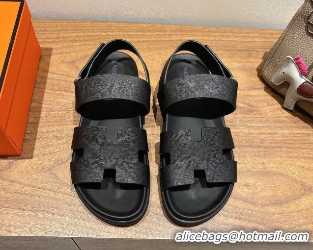 Luxury Hermes Genius Strap Sandals in Grained Leather Black H082011 0820165