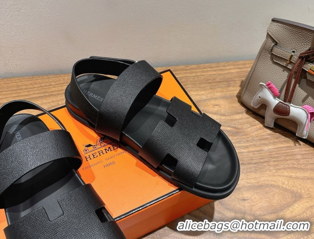 Luxury Hermes Genius Strap Sandals in Grained Leather Black H082011 0820165