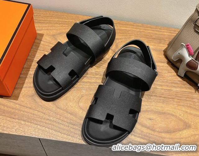 Luxury Hermes Genius Strap Sandals in Grained Leather Black H082011 0820165