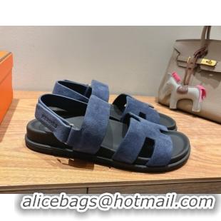 Good Quality Hermes Genius Strap Sandals in Suede Dark Blue 2025 H082011 0820171