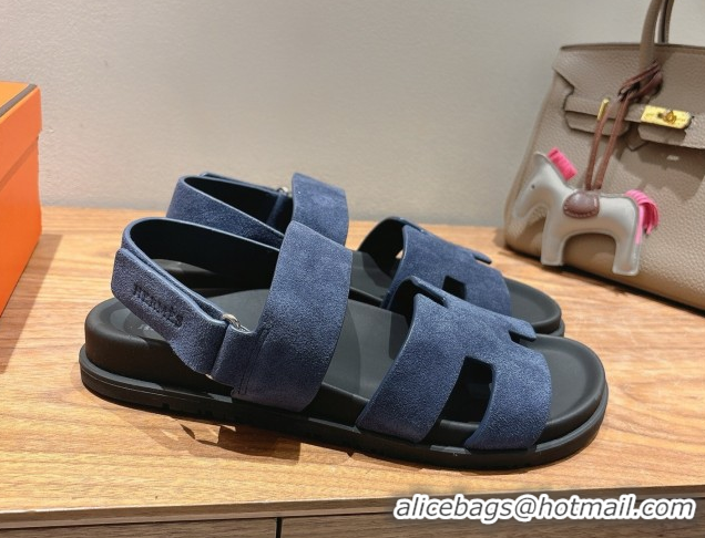 Good Quality Hermes Genius Strap Sandals in Suede Dark Blue 2025 H082011 0820171