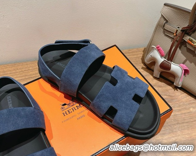Good Quality Hermes Genius Strap Sandals in Suede Dark Blue 2025 H082011 0820171