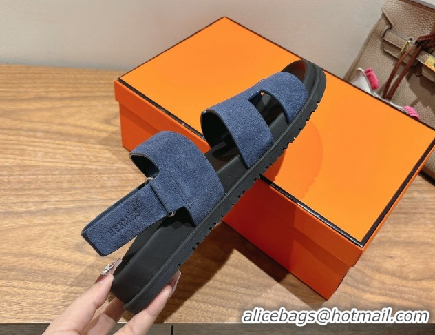 Good Quality Hermes Genius Strap Sandals in Suede Dark Blue 2025 H082011 0820171