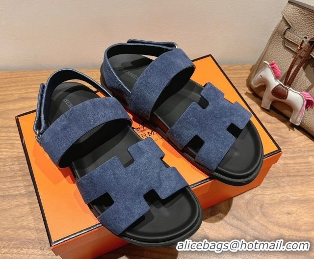 Good Quality Hermes Genius Strap Sandals in Suede Dark Blue 2025 H082011 0820171