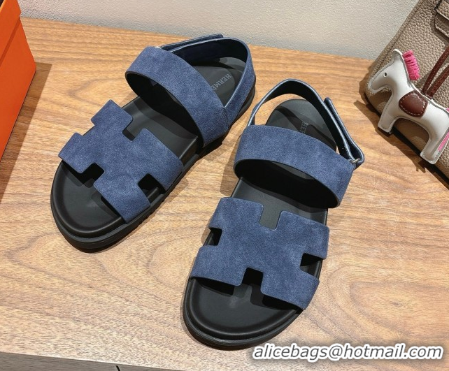 Good Quality Hermes Genius Strap Sandals in Suede Dark Blue 2025 H082011 0820171