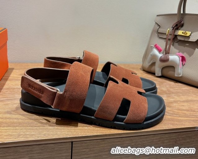 Best Product Hermes Genius Strap Sandals in Suede Dark Brown H082011 0820173