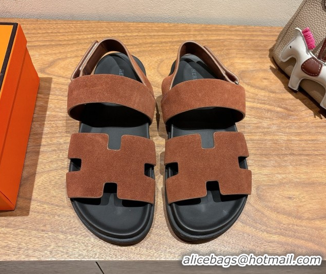Best Product Hermes Genius Strap Sandals in Suede Dark Brown H082011 0820173