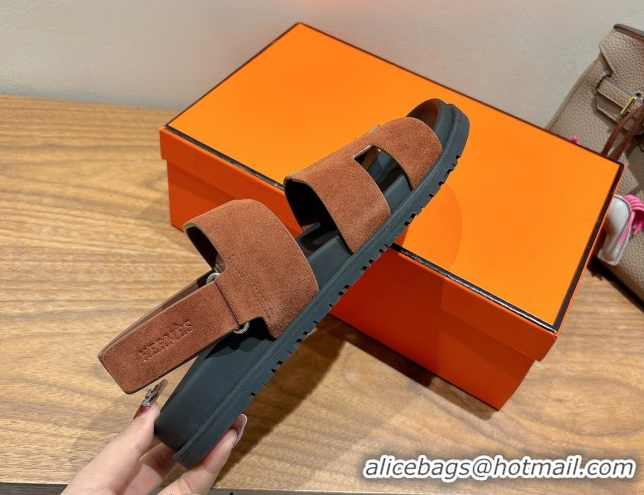 Best Product Hermes Genius Strap Sandals in Suede Dark Brown H082011 0820173