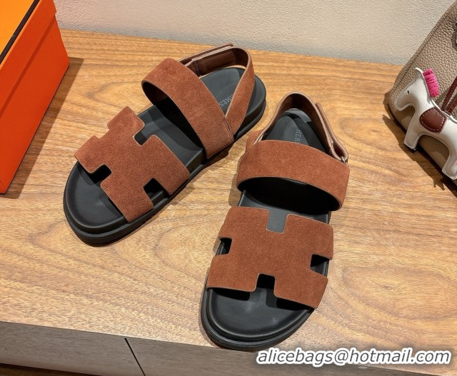 Best Product Hermes Genius Strap Sandals in Suede Dark Brown H082011 0820173