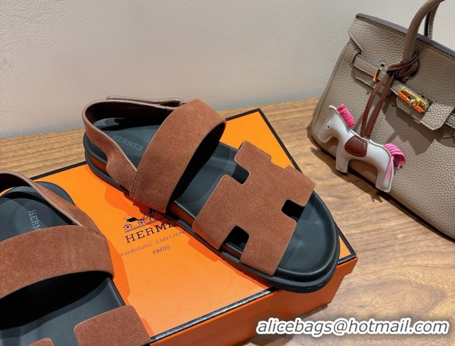 Best Product Hermes Genius Strap Sandals in Suede Dark Brown H082011 0820173