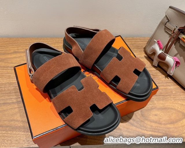 Best Product Hermes Genius Strap Sandals in Suede Dark Brown H082011 0820173