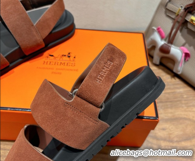 Best Product Hermes Genius Strap Sandals in Suede Dark Brown H082011 0820173