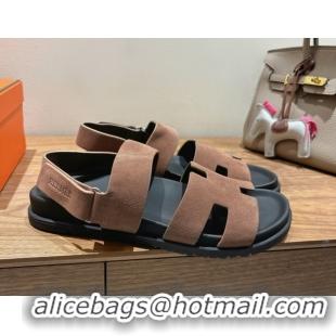 Comfortable Hermes Genius Strap Sandals in Suede Taupe H082011 0820174