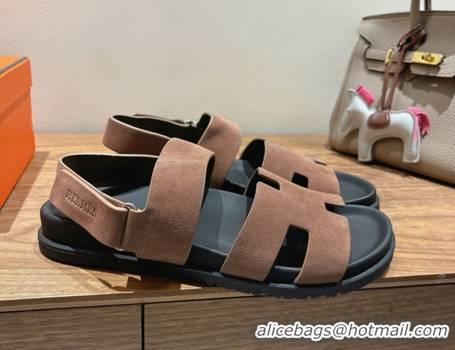 Comfortable Hermes Genius Strap Sandals in Suede Taupe H082011 0820174
