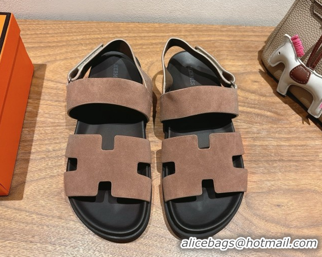 Comfortable Hermes Genius Strap Sandals in Suede Taupe H082011 0820174