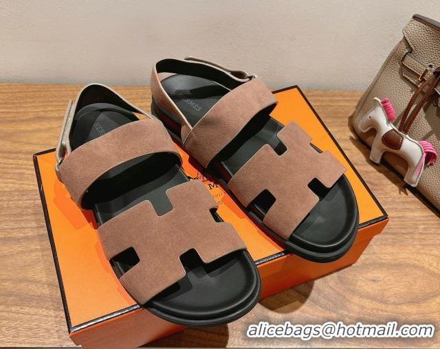 Comfortable Hermes Genius Strap Sandals in Suede Taupe H082011 0820174