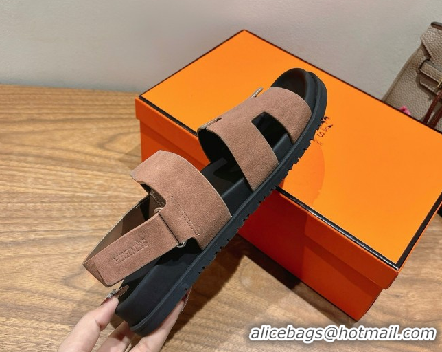 Comfortable Hermes Genius Strap Sandals in Suede Taupe H082011 0820174