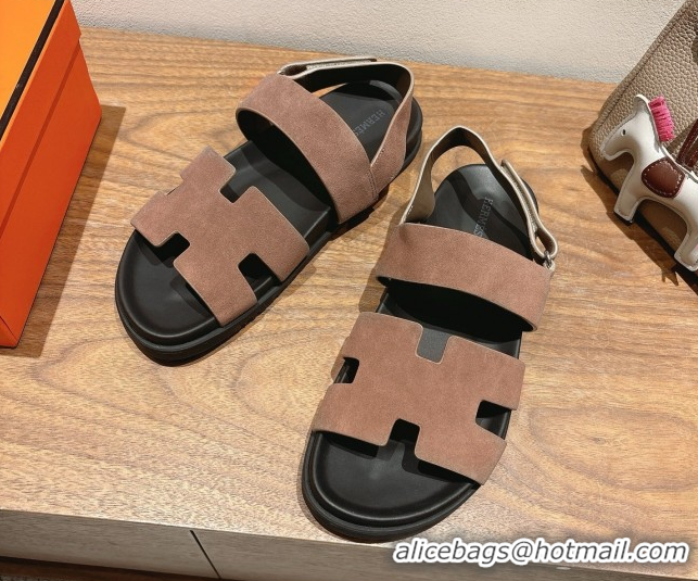 Comfortable Hermes Genius Strap Sandals in Suede Taupe H082011 0820174