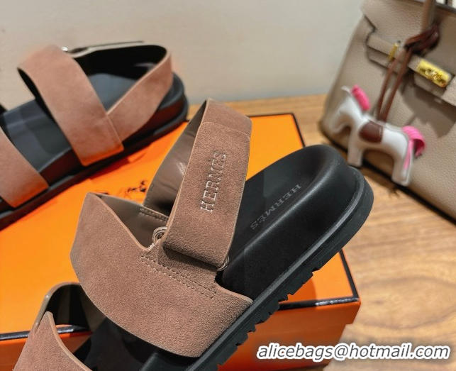 Comfortable Hermes Genius Strap Sandals in Suede Taupe H082011 0820174