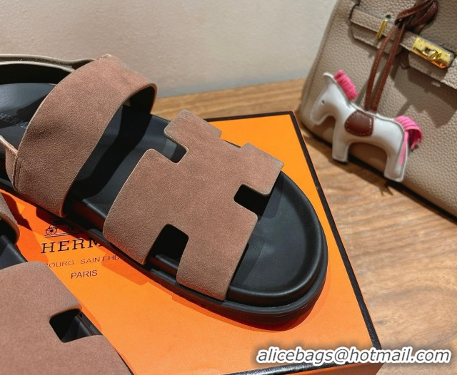 Comfortable Hermes Genius Strap Sandals in Suede Taupe H082011 0820174