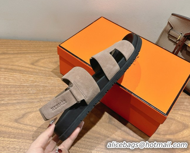 Top Quality Hermes Genius Strap Sandals in Suede Grey H082011 0820177
