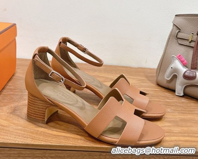 Best Quality Hermes Encens Heel Sandals 5cm in Epsom Calfskin Brown H082012 0820180