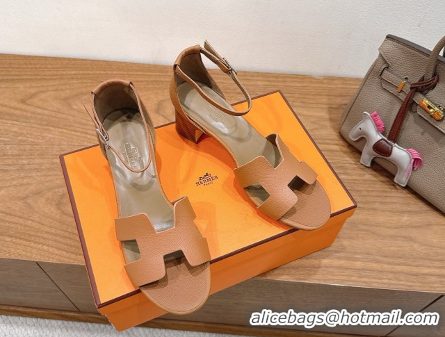 Best Quality Hermes Encens Heel Sandals 5cm in Epsom Calfskin Brown H082012 0820180