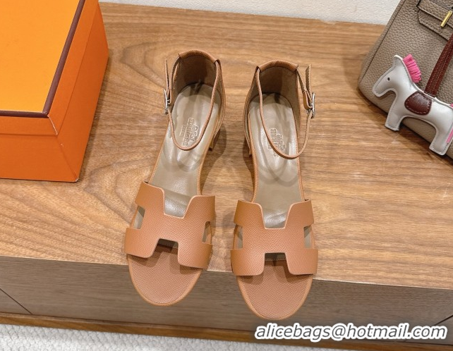 Best Quality Hermes Encens Heel Sandals 5cm in Epsom Calfskin Brown H082012 0820180