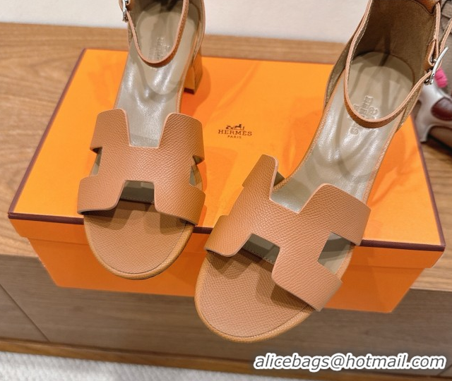 Best Quality Hermes Encens Heel Sandals 5cm in Epsom Calfskin Brown H082012 0820180