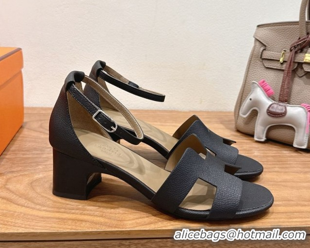 Perfect Hermes Encens Heel Sandals 5cm in Epsom Calfskin Black H082012 0820183