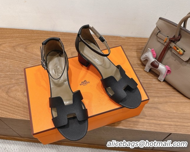 Perfect Hermes Encens Heel Sandals 5cm in Epsom Calfskin Black H082012 0820183