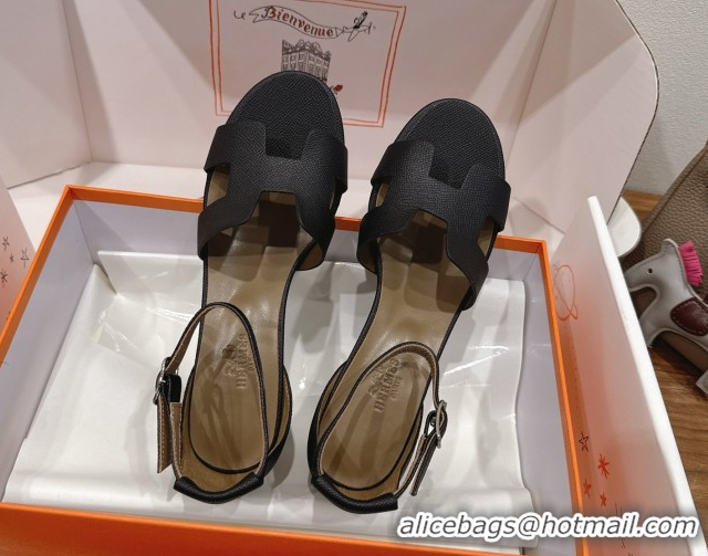 Perfect Hermes Encens Heel Sandals 5cm in Epsom Calfskin Black H082012 0820183
